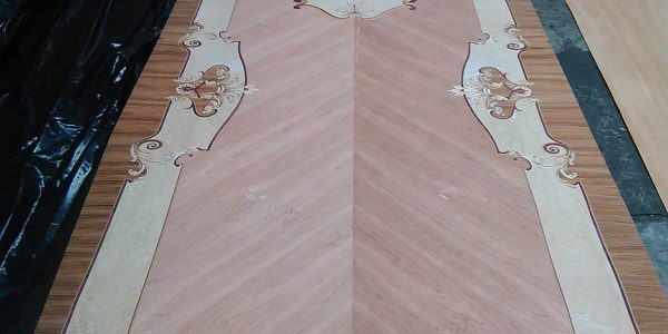 impiallacciatura per piano tavolo 5000 x 1500 palissandro santos, ciliegio usa, acero, intarsi floreali